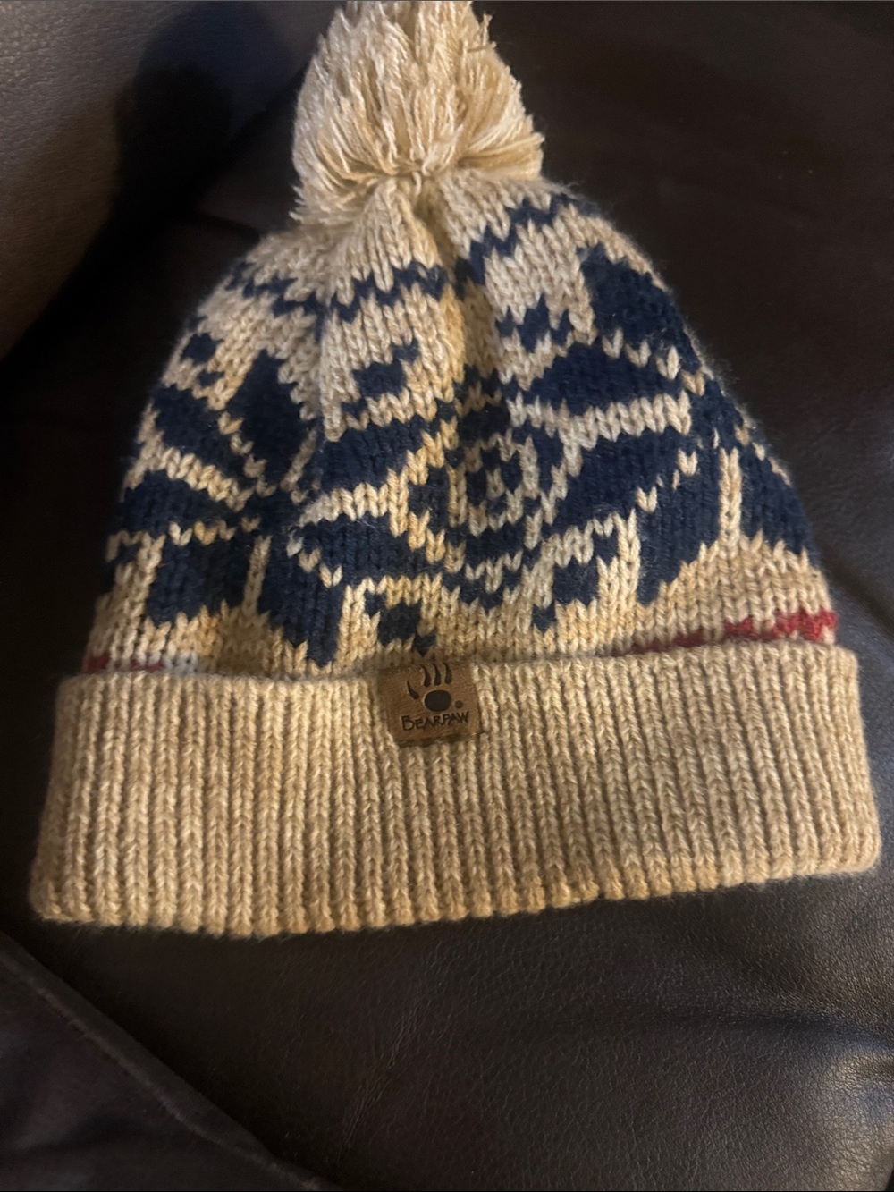 BearPaw Beige and Navy Fair Isle Pom Beanie